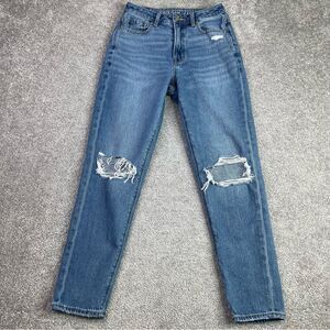 American Eagle Mom Jeans Women's 0 Blue Tapered High Rise Medium Wash Torn